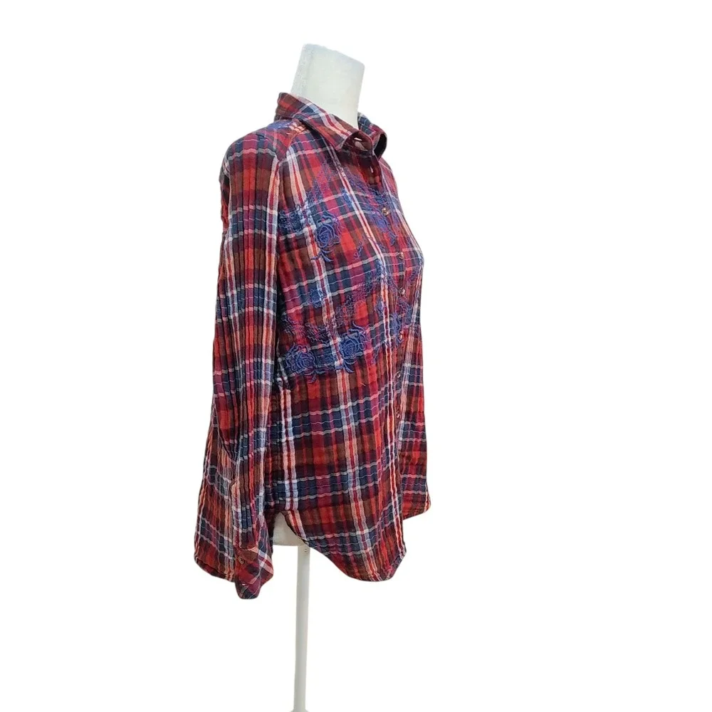 Free People Magical Plaid Button-Up Shirt Embroidered 4th of July‎ Patriotic S